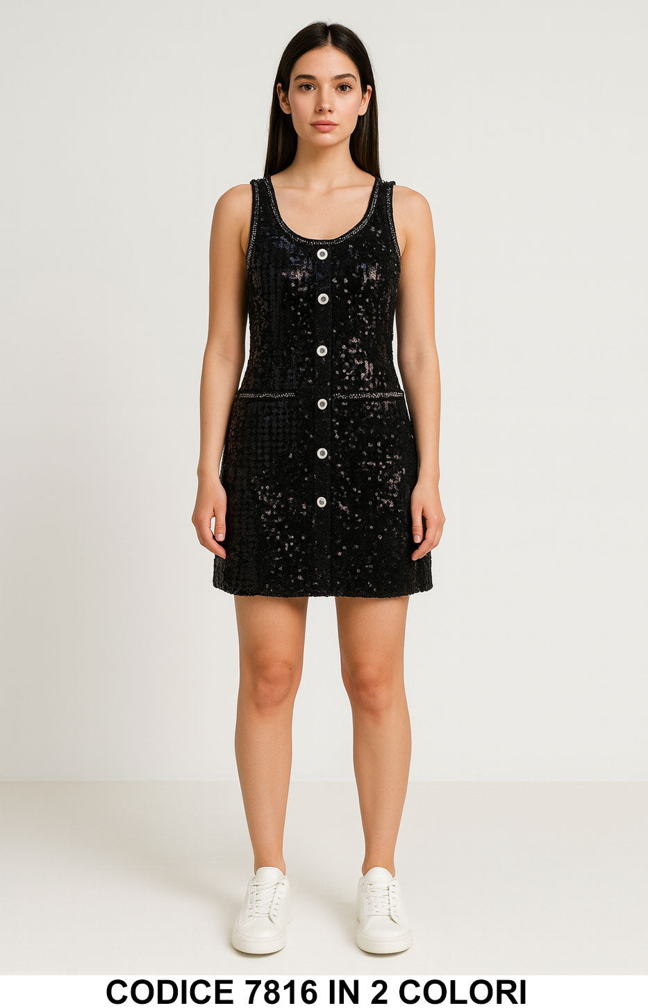Vestito corto con paillettes e bottoni frontali Abito Elegante Evento Fashion in Bianco o Nero – 7816