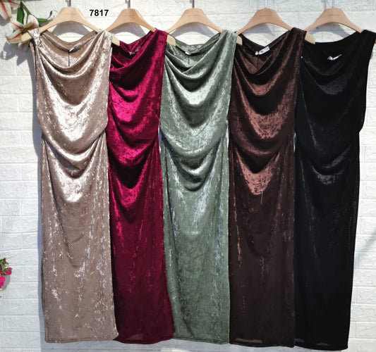 Vestito lungo effetto lucido con scollo drappeggiato Abito Elegante Cerimonia in 5 Colori – 7817
