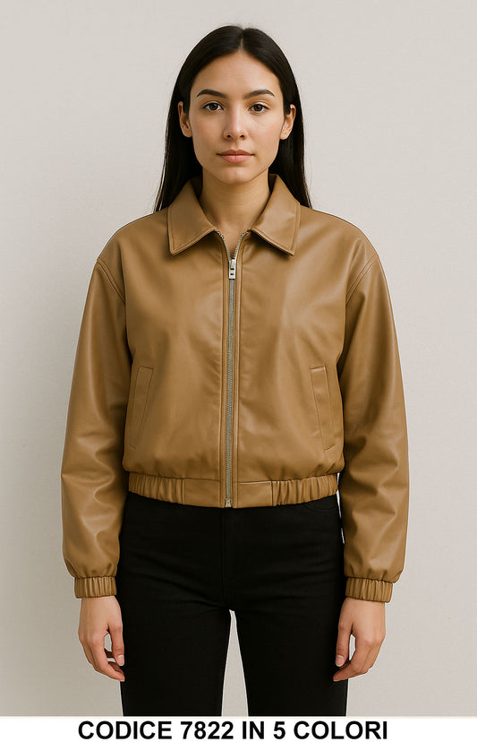 Giubbotto corto eco pelle con zip frontale Tasche Laterali Bomber Donna in 5 Colori – 7822