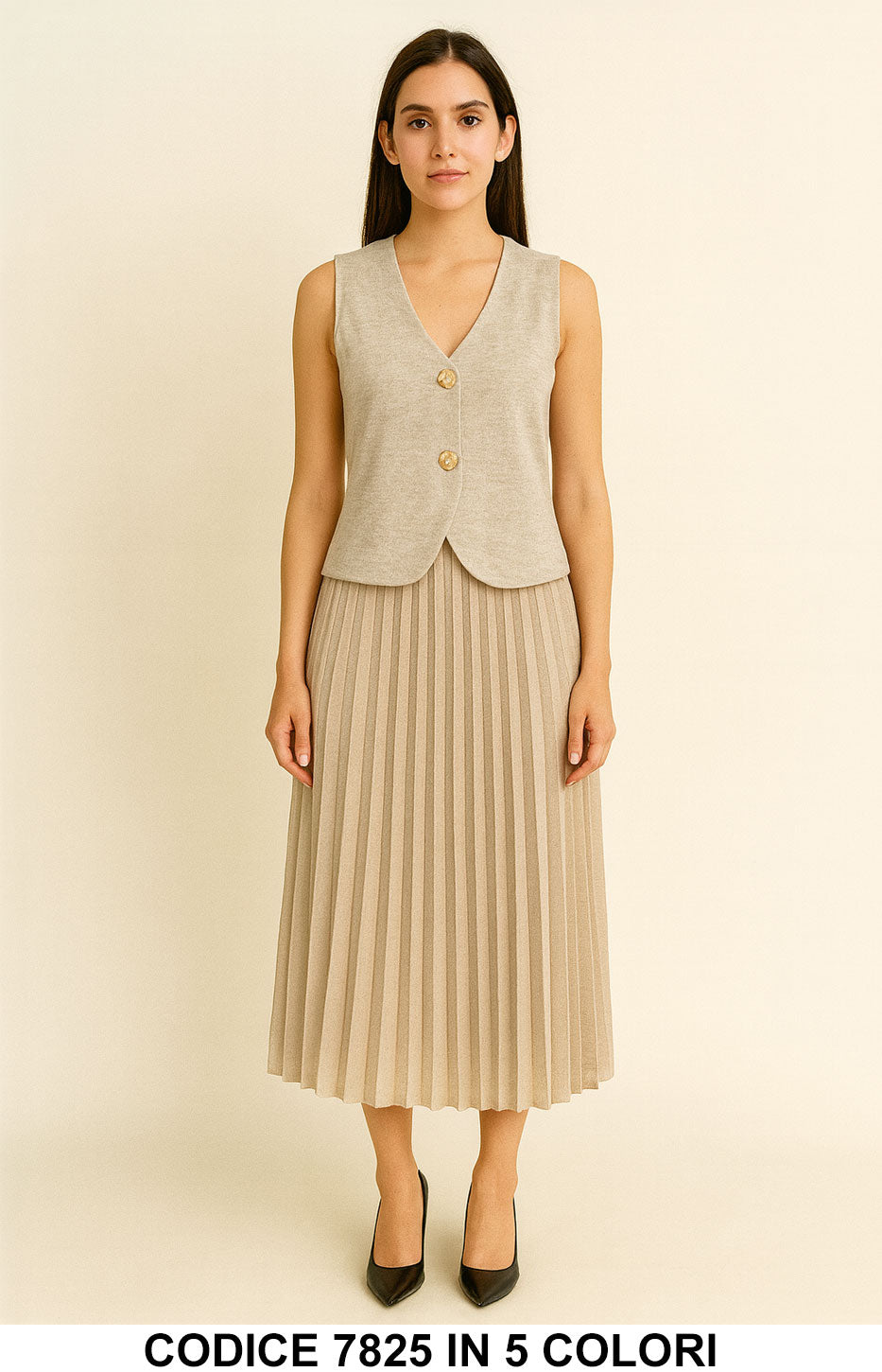 Completo gilet bottoni oro e gonna plissé midi Coordinato Bicolore Casual Elegante in 5 colori – 7825