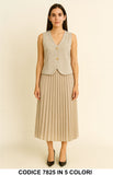 Completo gilet bottoni oro e gonna plissé midi Coordinato Bicolore Casual Elegante in 5 colori – 7825