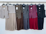 Completo gilet bottoni oro e gonna plissé midi Coordinato Bicolore Casual Elegante in 5 colori – 7825
