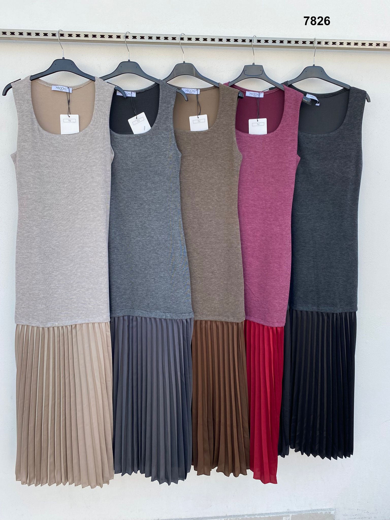 Vestito lungo smanicato con gonna plissé bicolore Abito Casual Raffinato in 5 Colori – 7826