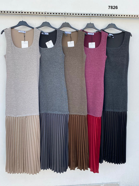 Vestito lungo smanicato con gonna plissé bicolore Abito Casual Raffinato in 5 Colori – 7826