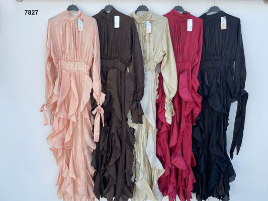 Abito lungo con rouches e maniche lunghe Elegante Vestito Evento Cerimonia in 5 colori – 7827