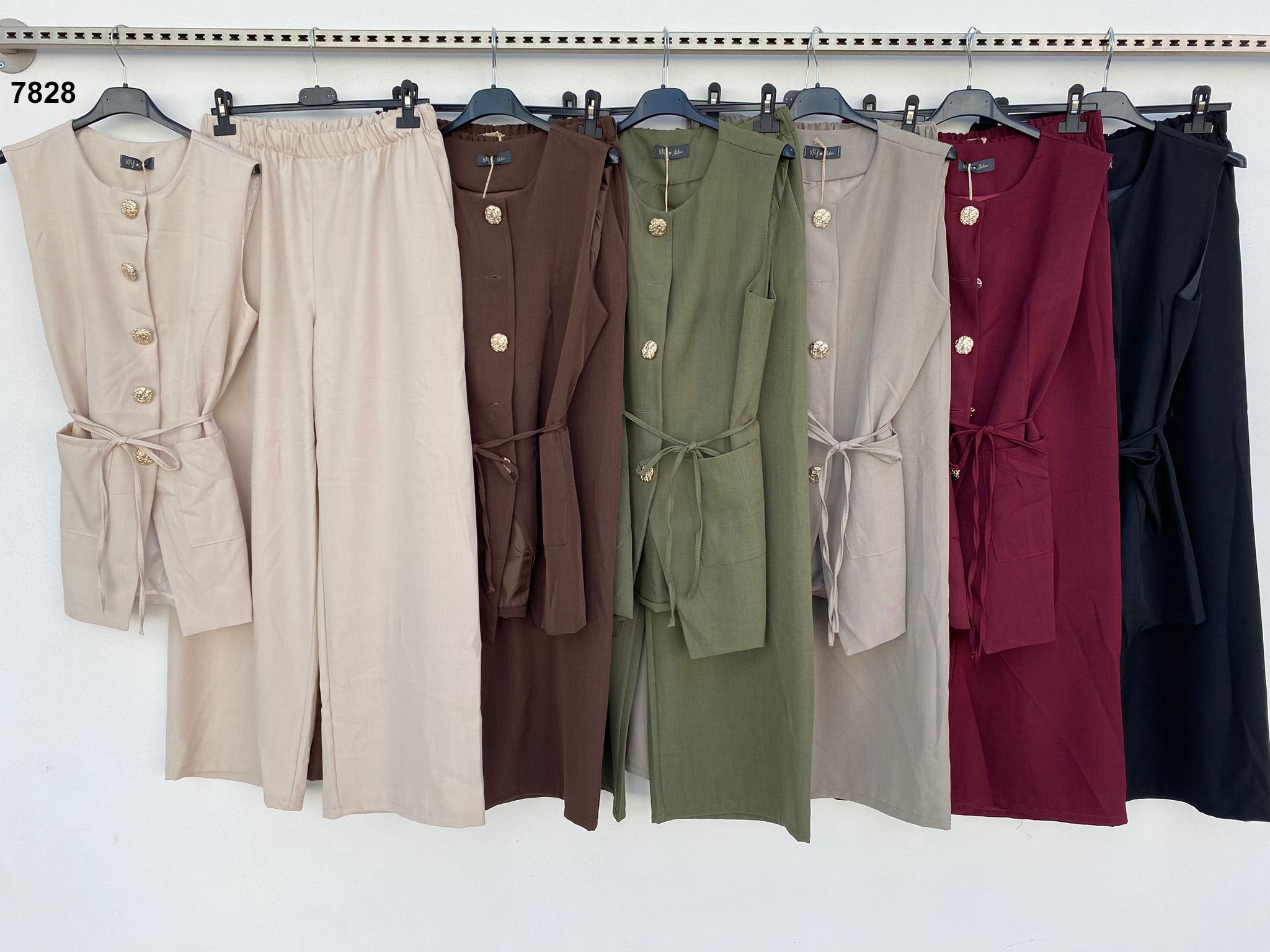 Completo elegante Giacca gilet lungo Bottoni Oro pantalone palazzo Coordinato Fashion in 6 colori – 7828