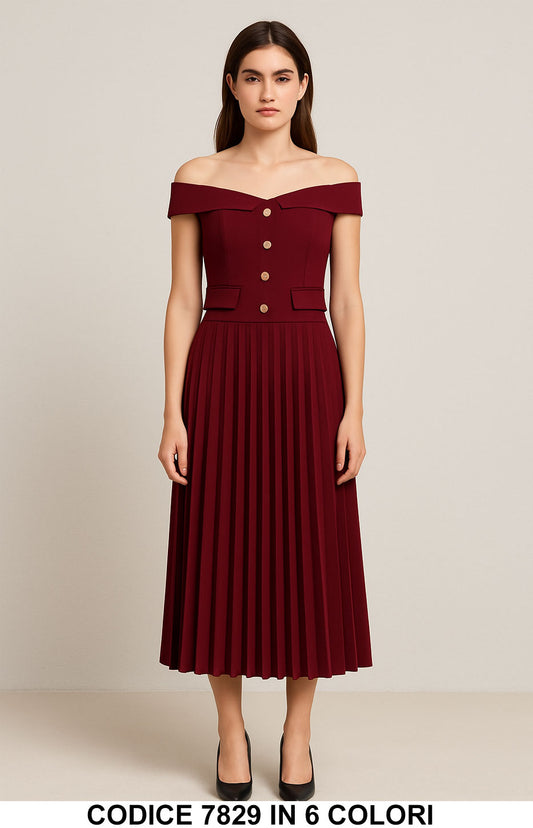 Abito elegante plissé con bottoni e scollo off-shoulder Vestito Evento Aperitivo in 6 Colori – 7829