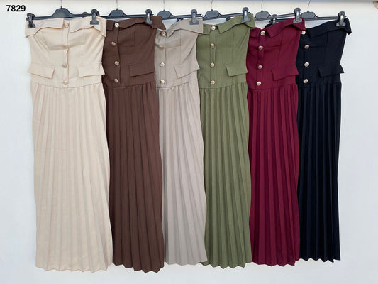Abito elegante plissé con bottoni e scollo off-shoulder Vestito Evento Aperitivo in 6 Colori – 7829