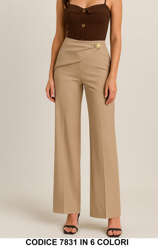Pantalone elegante con drappeggio e bottone gioiello Pantaloni Palazzo in 6 colori – 7831