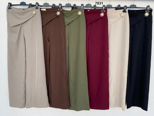 Pantalone elegante con drappeggio e bottone gioiello Pantaloni Palazzo in 6 colori – 7831