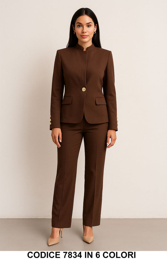 Tailleur donna con giacca collo coreano e pantalone dritto Completo Elegante in 6 Colori – 7834