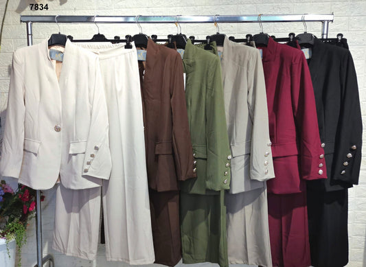 Tailleur donna con giacca collo coreano e pantalone dritto Completo Elegante in 6 Colori – 7834