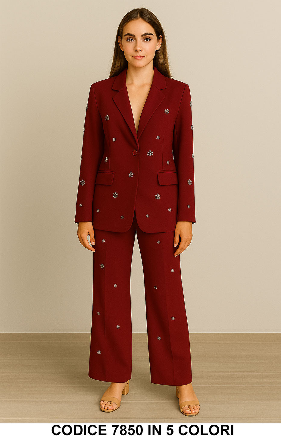 Tailleur Giacca Pantalone Palazzo Elegante Strass applicati forma di Margherita Completo in 5 colori – 7850