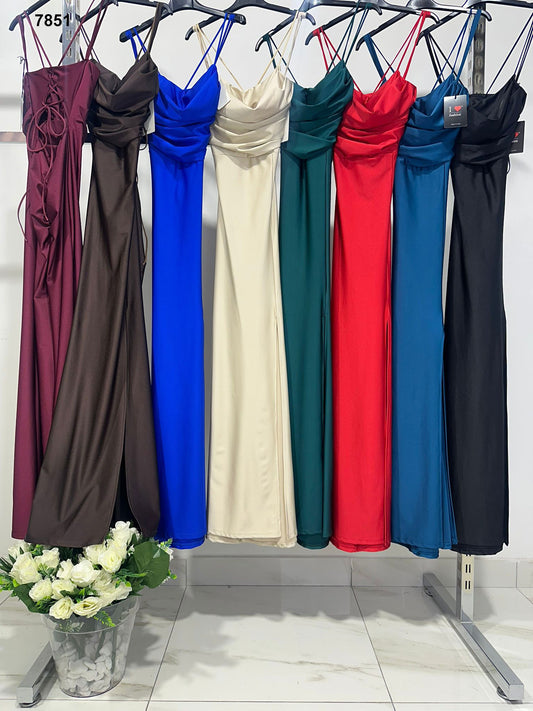 Abito lungo elegante con scollo morbido e spalline sottili Vestito Evento Cerimonia in 8 colori – 7851