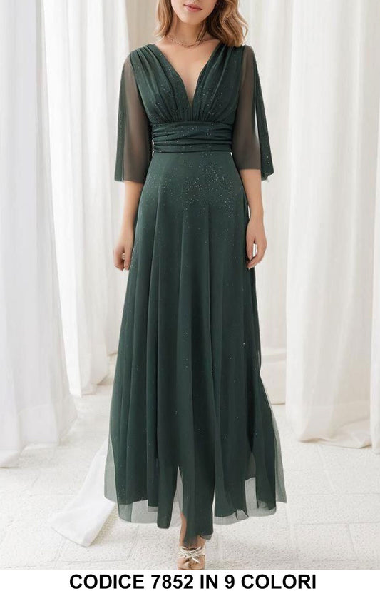 Vestito lungo in tulle glitterato con scollo a V Abito Elegante Cerimonia Manica 3/4 in 9 colori – 7852
