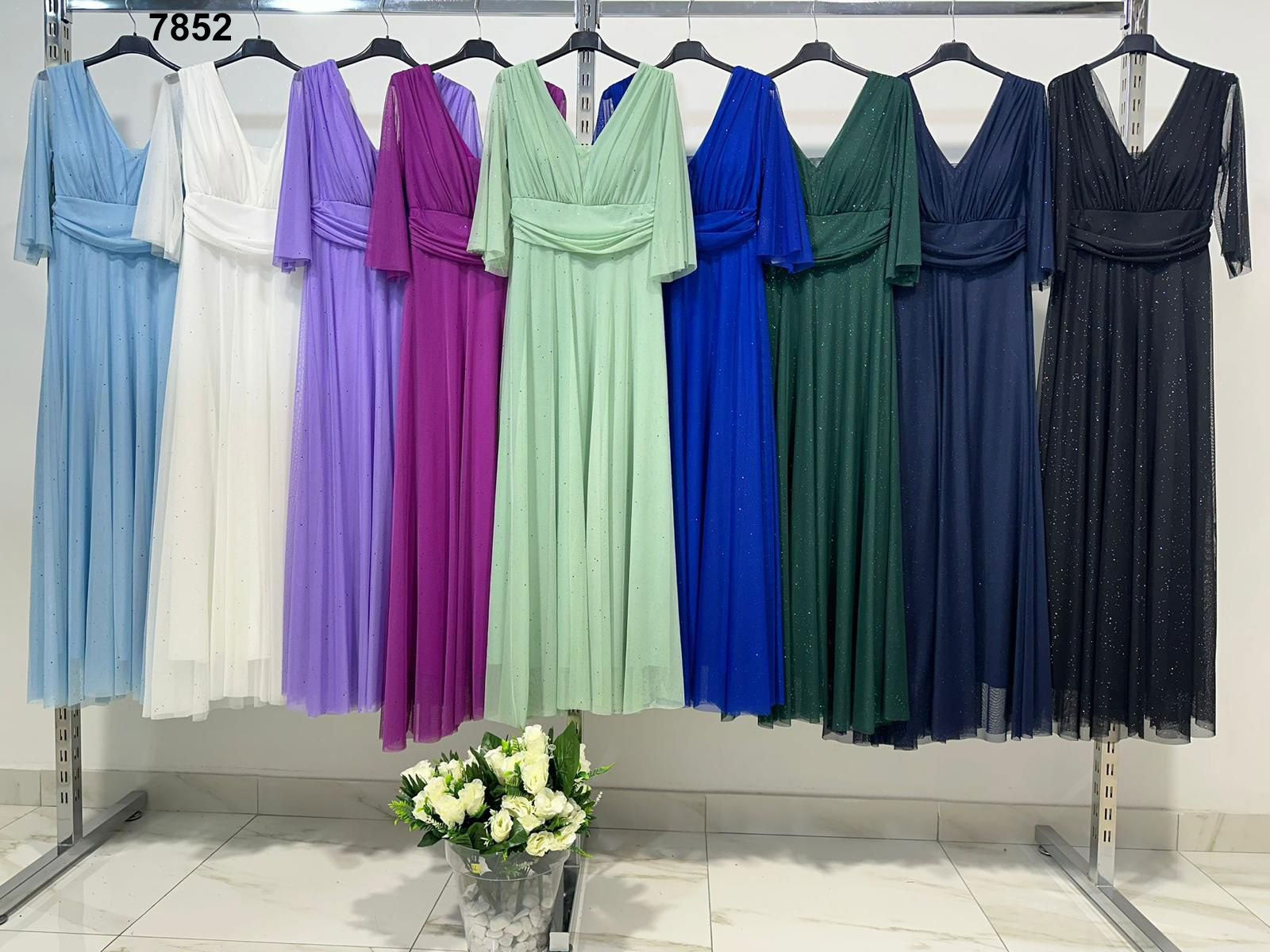 Vestito lungo in tulle glitterato con scollo a V Abito Elegante Cerimonia Manica 3/4 in 9 colori – 7852