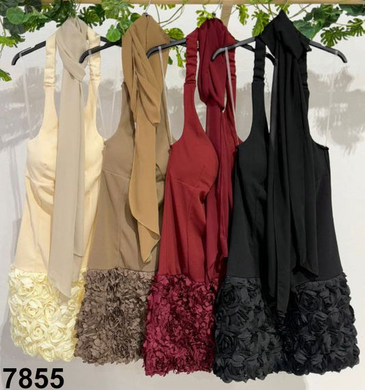Vestito corto con foulard e orlo floreale Abito Elegante Casual Evento in 4 colori – 7855