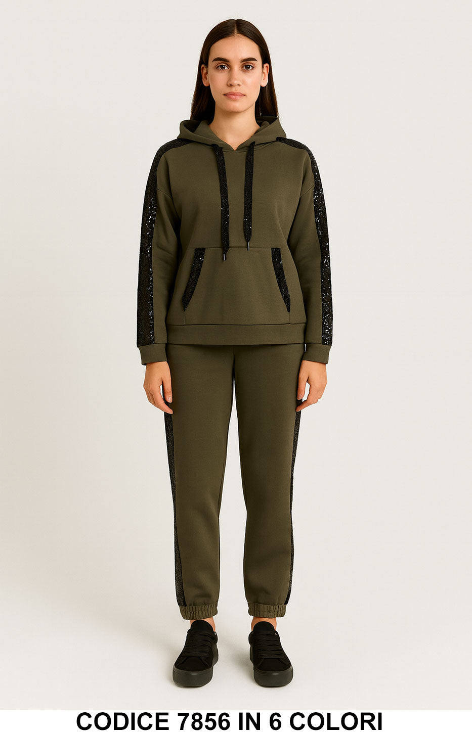 Tuta donna con paillettes laterali e felpa con cappuccio pantalone elastico Completo in 6 colori – 7856
