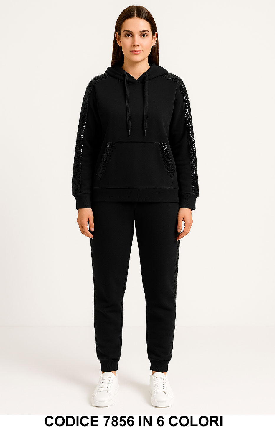 Tuta donna con paillettes laterali e felpa con cappuccio pantalone elastico Completo in 6 colori – 7856