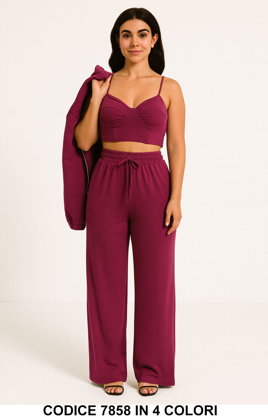 Completo 3 Pezzi con Felpa, Top e Pantalone Tuta Sportiva Casual Coordinato in 4 Colori – 7858