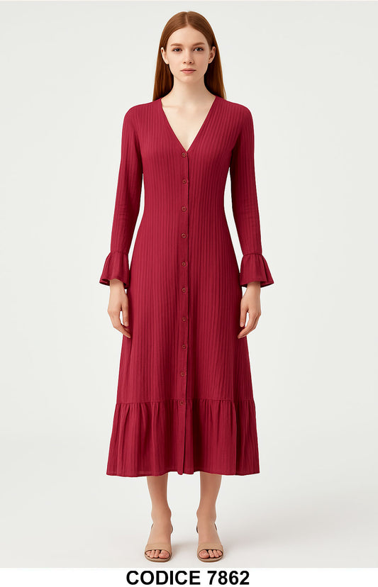Vestito lungo con bottoni e maniche a campana Bordeaux Abito Elegante Casual – 7862