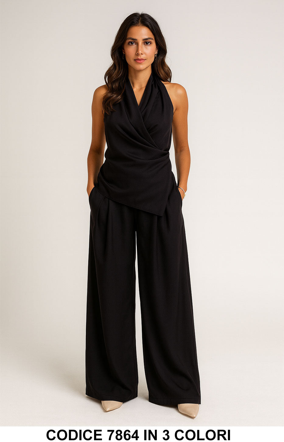 Completo due pezzi elegante top drappeggiato pantalone palazzo Coordinato in 3 colori – 7864