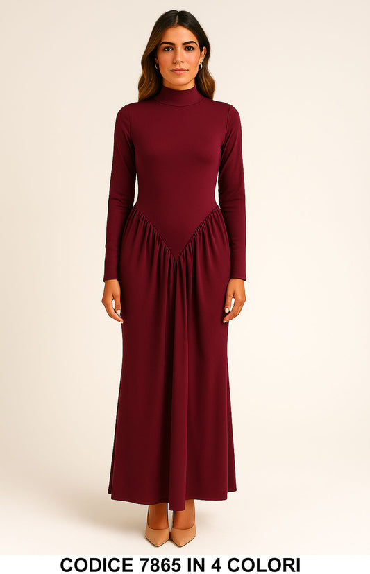 Abito lungo elegante collo alto con arricciatura Vestito Cerimonia Evento in 4 colori – 7865