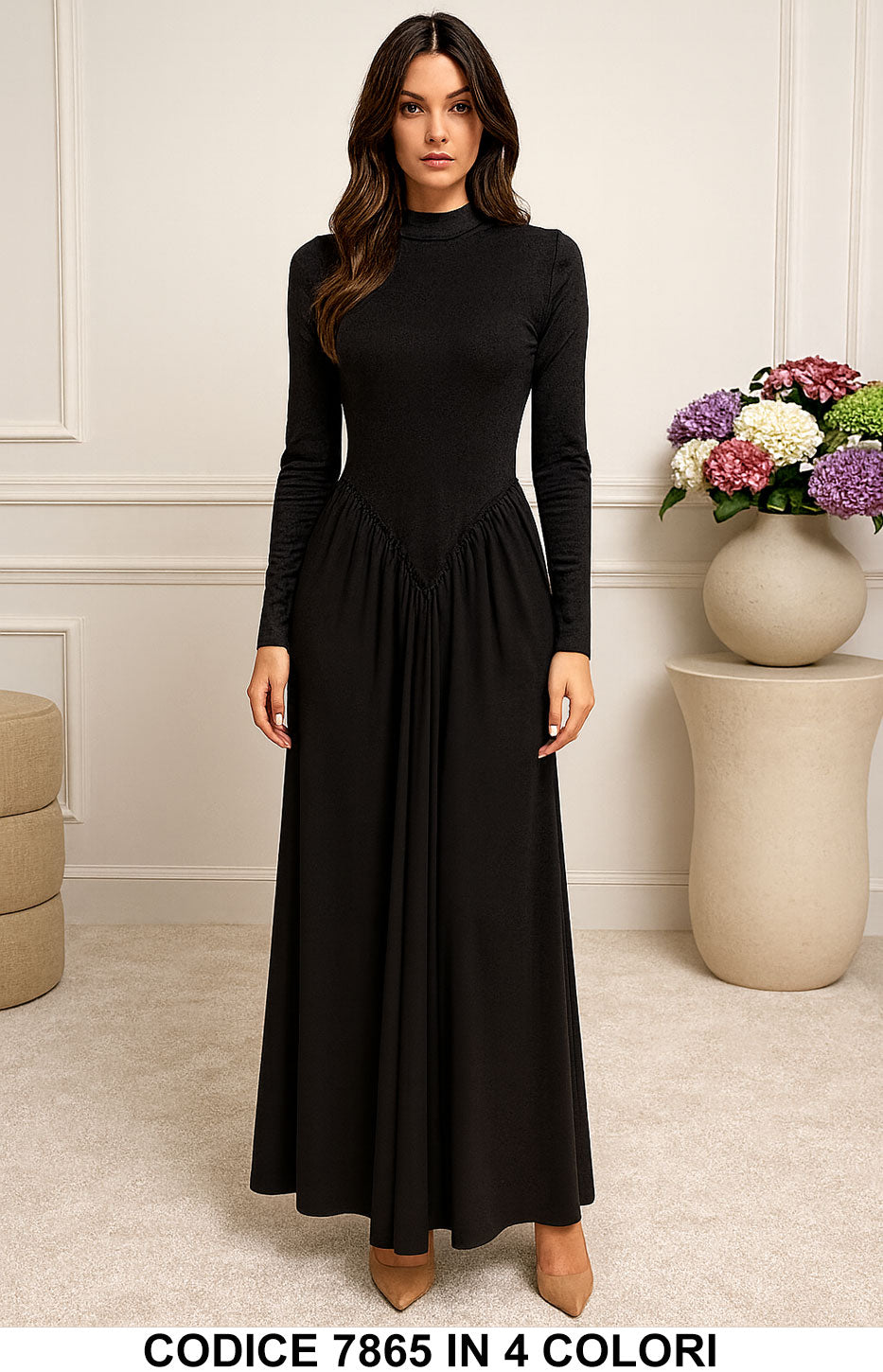 Abito lungo elegante collo alto con arricciatura Vestito Cerimonia Evento in 4 colori – 7865
