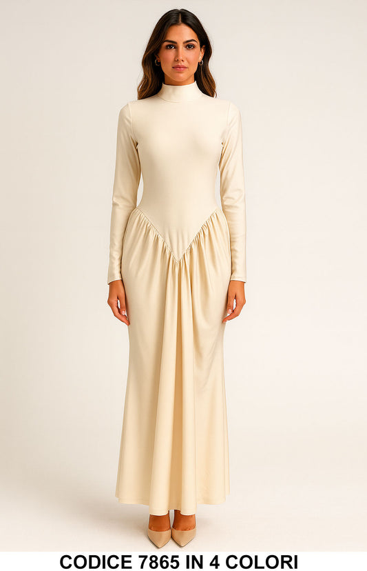 Abito lungo elegante collo alto con arricciatura Vestito Cerimonia Evento in 4 colori – 7865