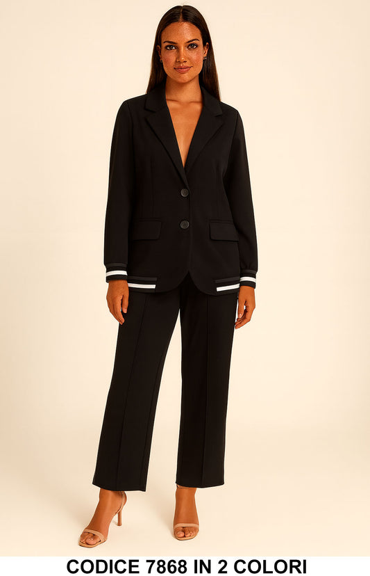 Tailleur Giacca Pantalone Palazzo Dettagli sportivi a contrasto Completo Coordinato in 2 colori – 7868
