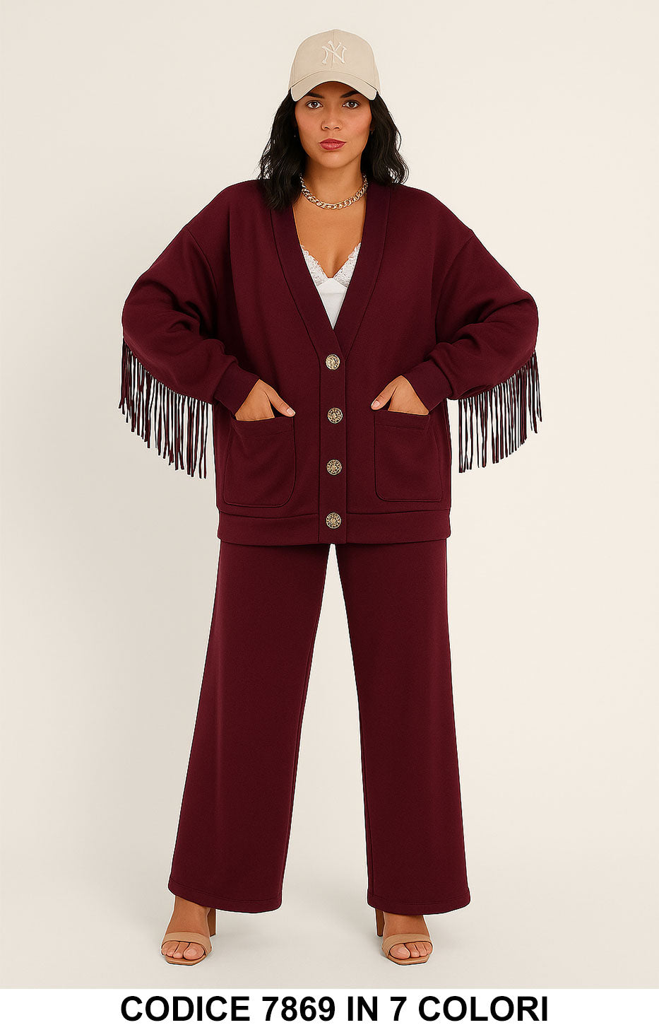 Completo Maglia Cardigan con frange Pantalone Palazzo Coordinato Casual in 7 colori – 7869