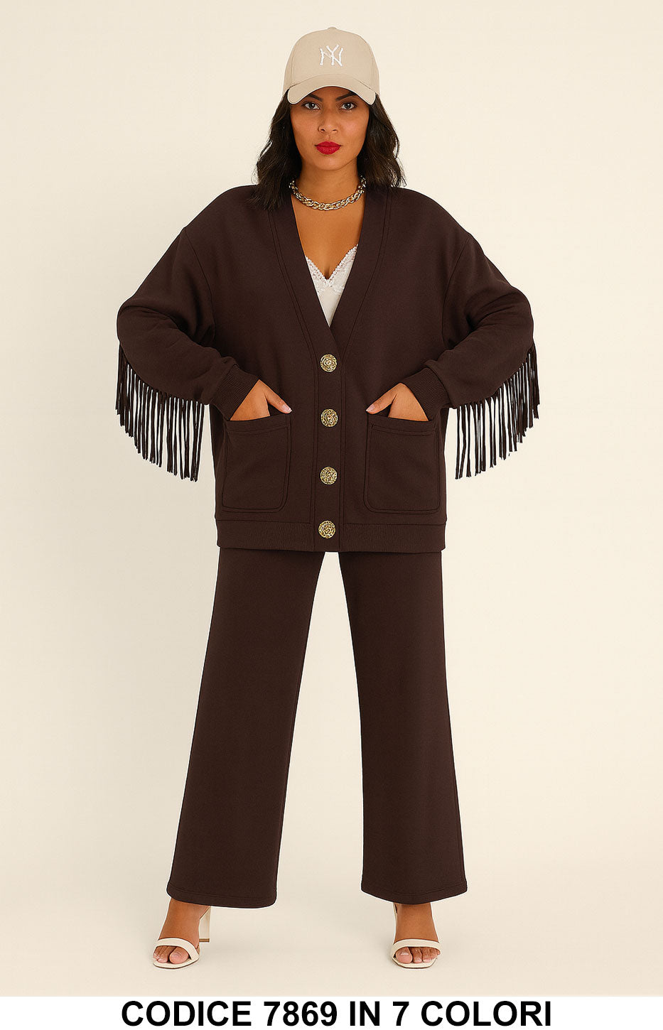 Completo Maglia Cardigan con frange Pantalone Palazzo Coordinato Casual in 7 colori – 7869