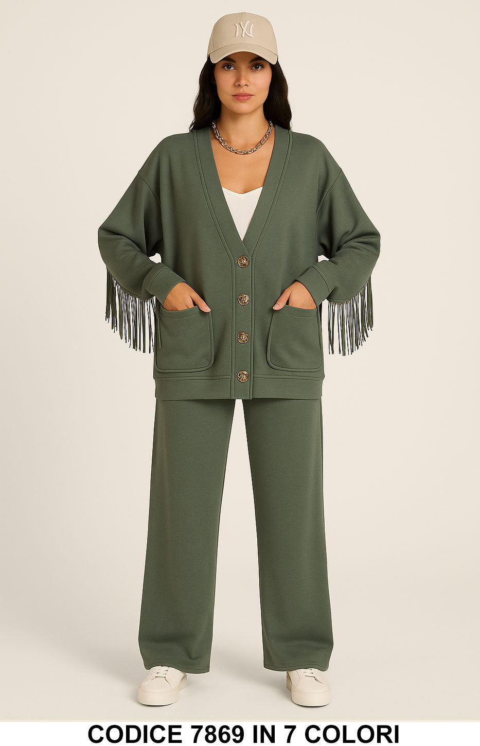 Completo Maglia Cardigan con frange Pantalone Palazzo Coordinato Casual in 7 colori – 7869