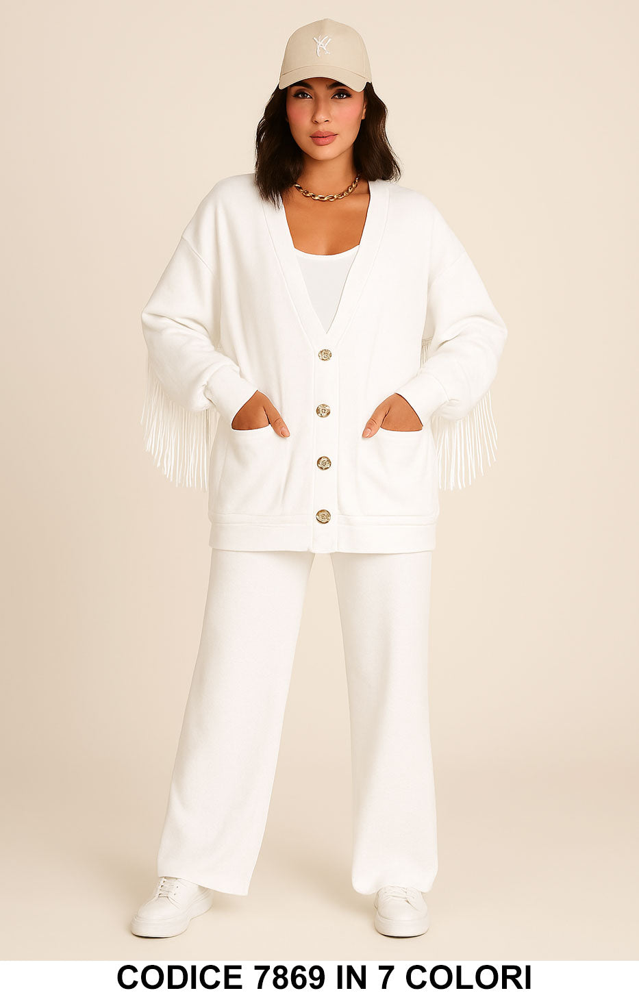 Completo Maglia Cardigan con frange Pantalone Palazzo Coordinato Casual in 7 colori – 7869