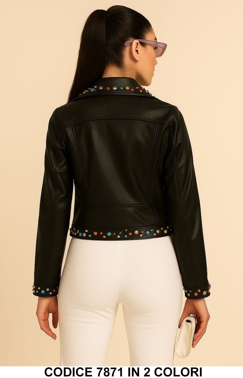 Giacca donna in ecopelle con strass colorati Giubbotto Fashion Casual Chic in 2 colori – 7871