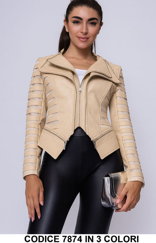 Giacca in ecopelle con dettagli con effetto fasce trasparenti Giubbotto Biker in 3 colori – 7874