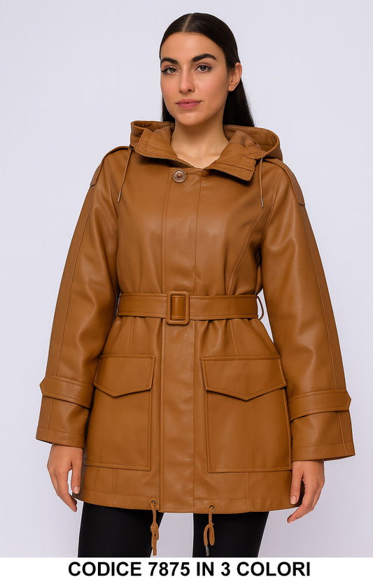 Giubbotto Parka effetto ecopelle con Cappuccio Giacca Casual Elegante con Cintura in 3 colori – 7875