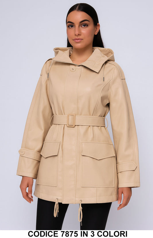 Giubbotto Parka effetto ecopelle con Cappuccio Giacca Casual Elegante con Cintura in 3 colori – 7875