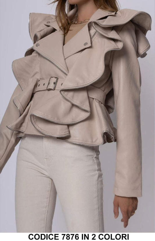 Giacca in ecopelle con volant e cintura Giubbotto Elegante Casual Chic in 2 colori – 7876