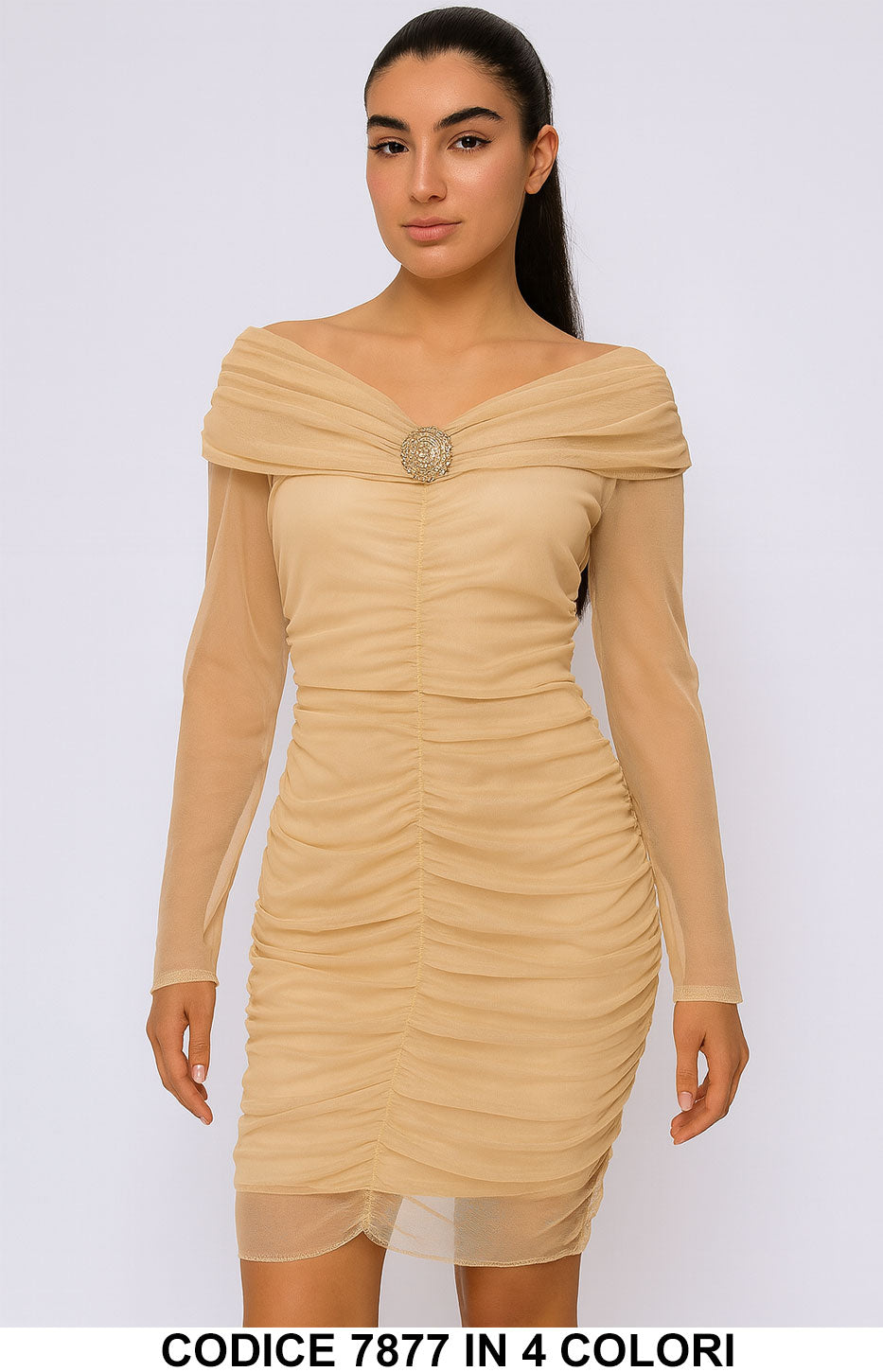 Abito Midi elegante drappeggiato con spilla gioiello Vestito Scollo a Barca in 4 colori – 7877