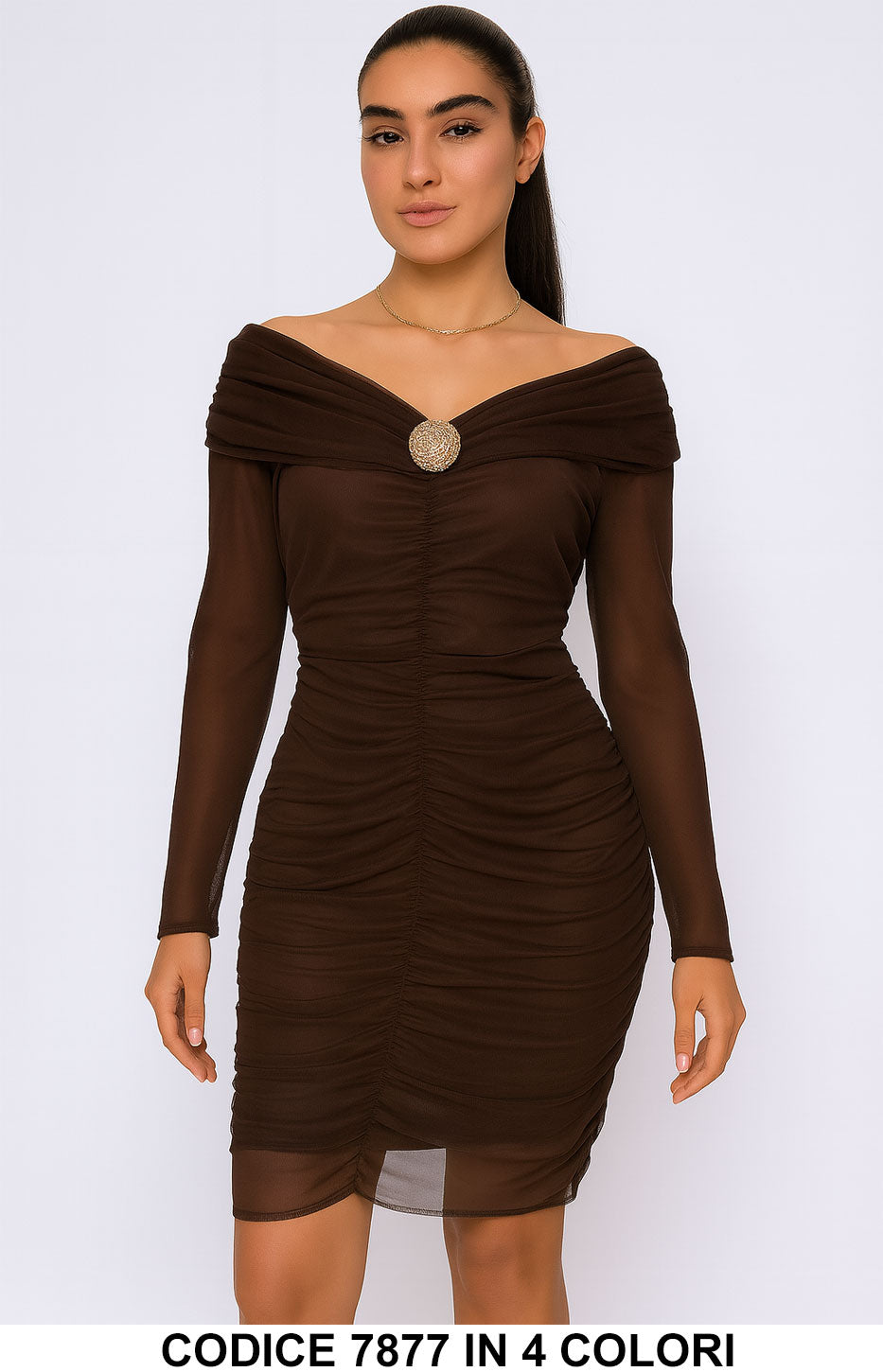 Abito Midi elegante drappeggiato con spilla gioiello Vestito Scollo a Barca in 4 colori – 7877