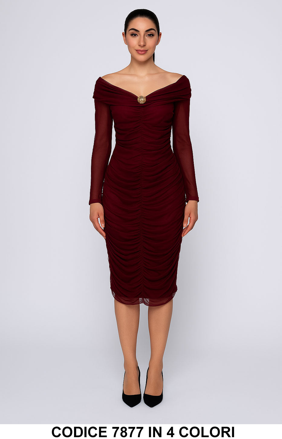 Abito Midi elegante drappeggiato con spilla gioiello Vestito Scollo a Barca in 4 colori – 7877