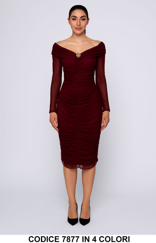 Abito Midi elegante drappeggiato con spilla gioiello Vestito Scollo a Barca in 4 colori – 7877