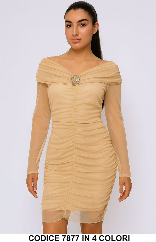 Abito Midi elegante drappeggiato con spilla gioiello Vestito Scollo a Barca in 4 colori – 7877