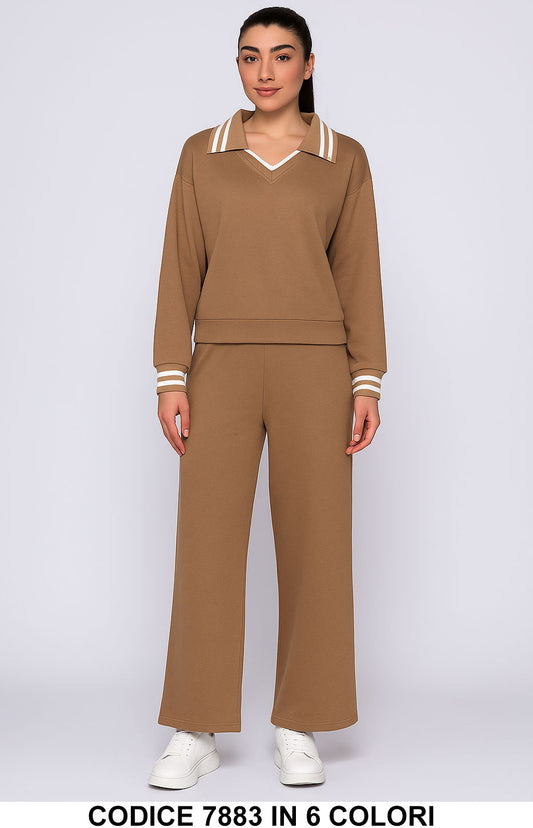 Completo donna con collo a V e dettagli a righe Maglia Lunga Pantalone Palazzo Tuta in 4 colori – 7883