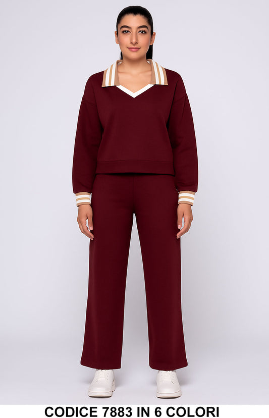 Completo donna con collo a V e dettagli a righe Maglia Lunga Pantalone Palazzo Tuta in 6 colori – 7883