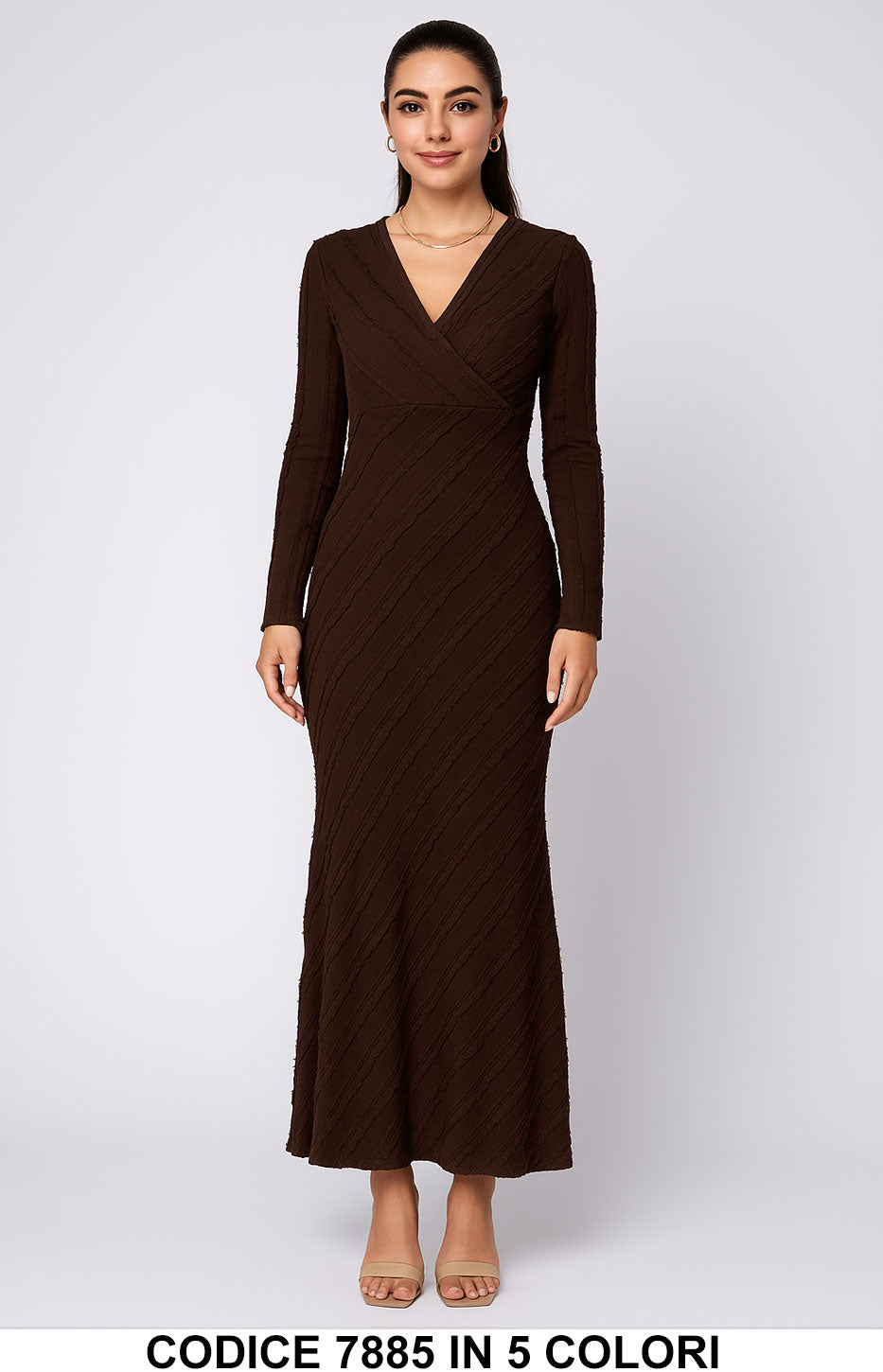 Abito lungo elegante con scollo a V e maniche lunghe Vestito Cerimonia Evento in 5 colori – 7885