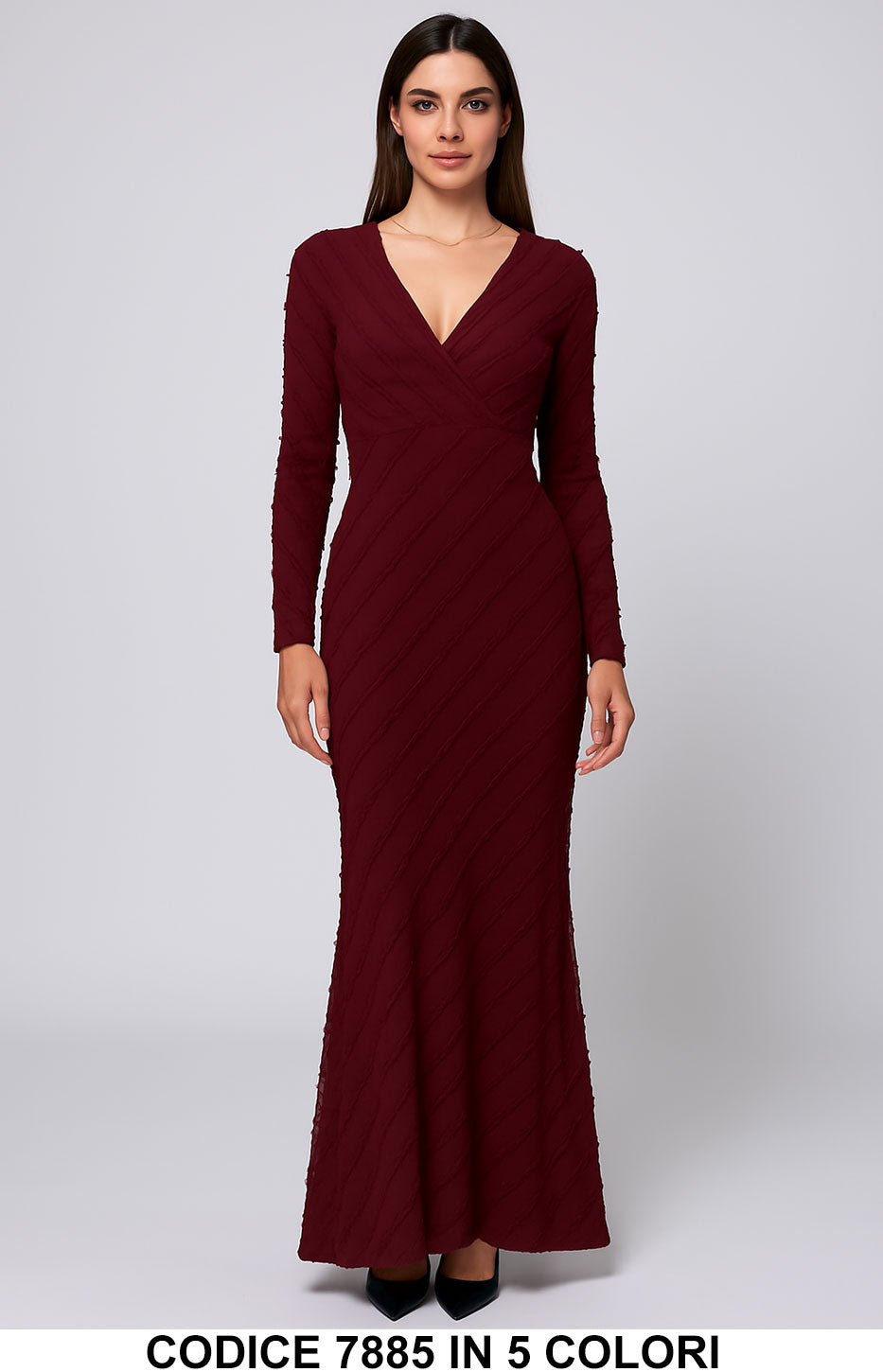 Abito lungo elegante con scollo a V e maniche lunghe Vestito Cerimonia Evento in 5 colori – 7885