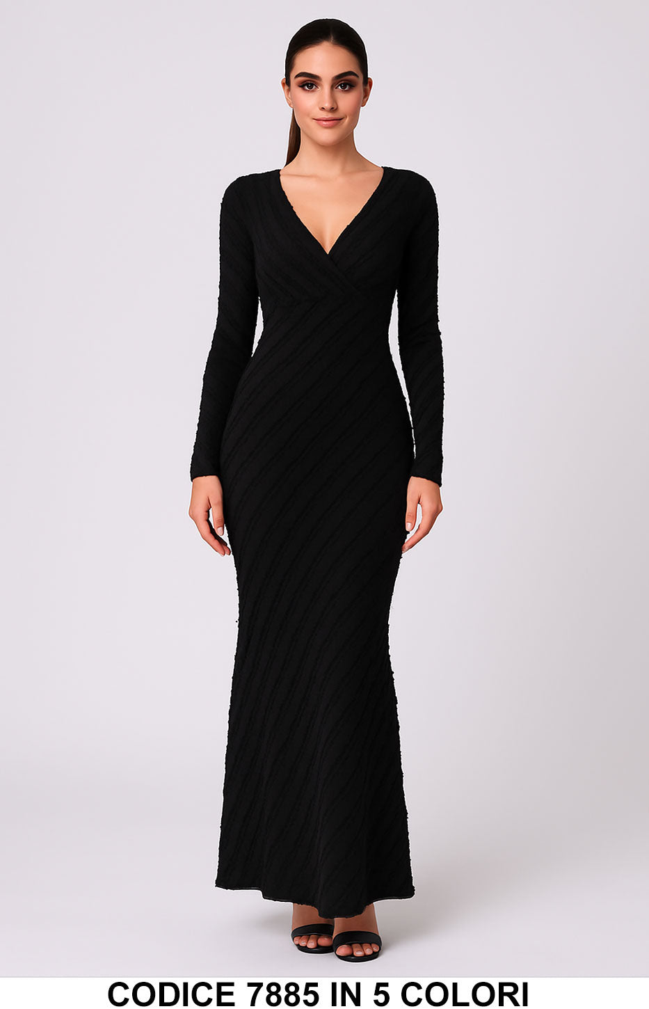 Abito lungo elegante con scollo a V e maniche lunghe Vestito Cerimonia Evento in 5 colori – 7885