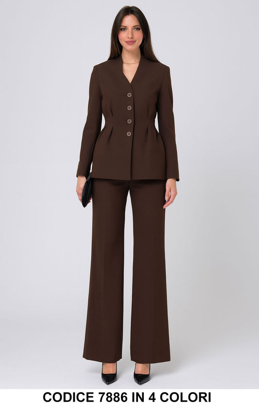 Tailleur donna elegante giacca svasata con bottoni Pantalone Palazzo Completo Chic in 5 colori – 7886